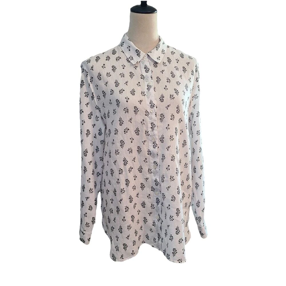 J Jill Love Linen Missy M White Black Floral Button Up Shirt Boho Minimalist